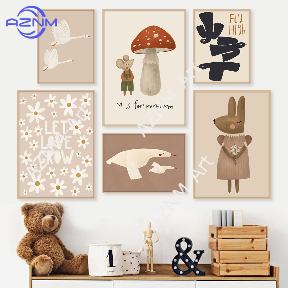 Baby Nursery Frames - Boho Cartoon Rabbit Mouse Goose Posters
