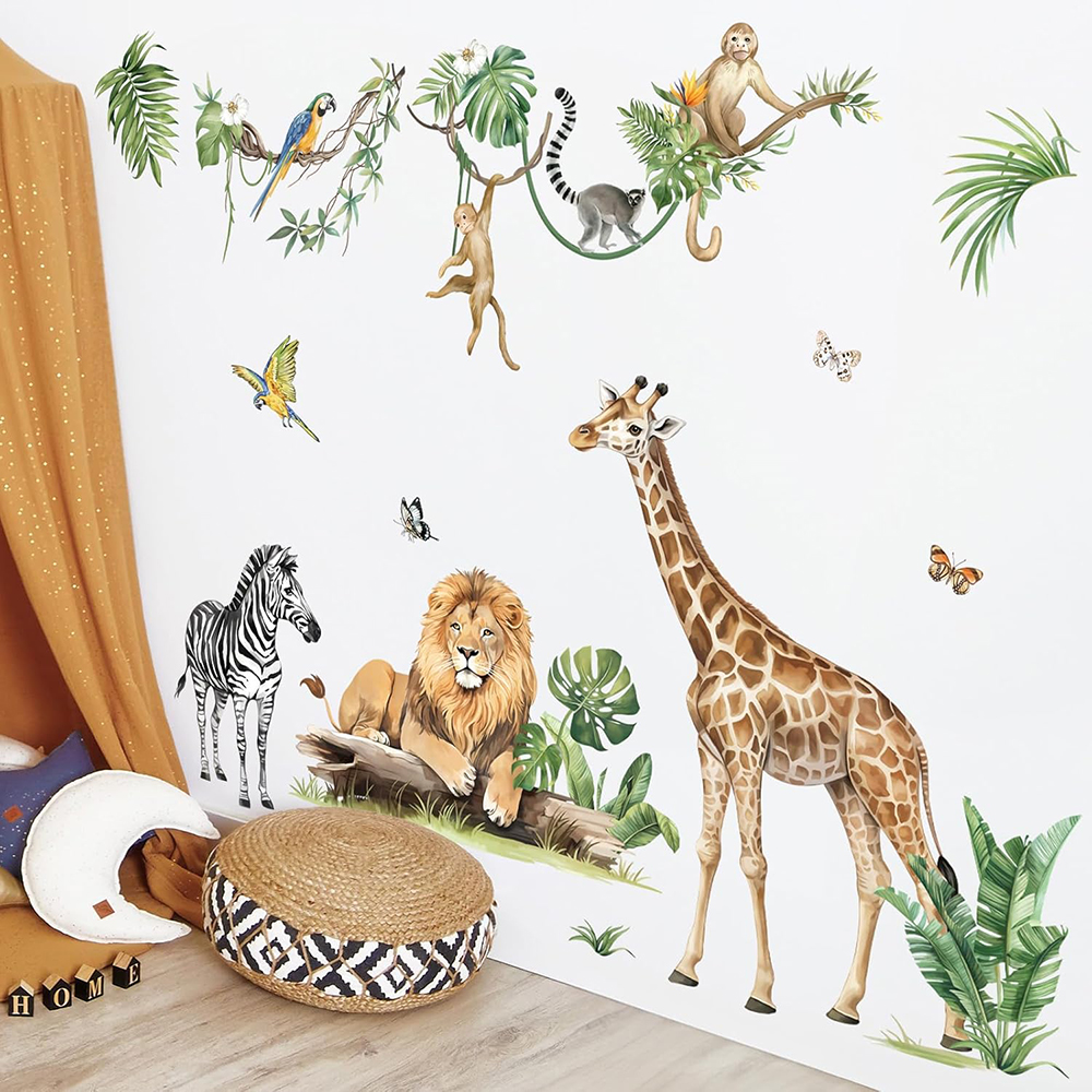 Baby Nursery Labels - Large Jungle Animal Tropical Leaves Wall