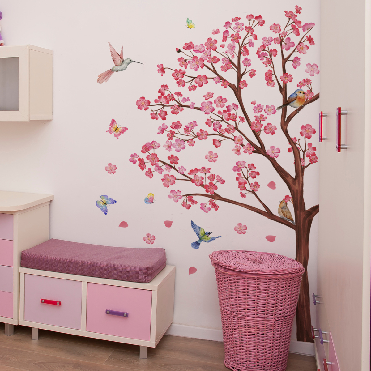 Baby Nursery Girl Room - Watercolour Bird Flower Wall Stickers Living