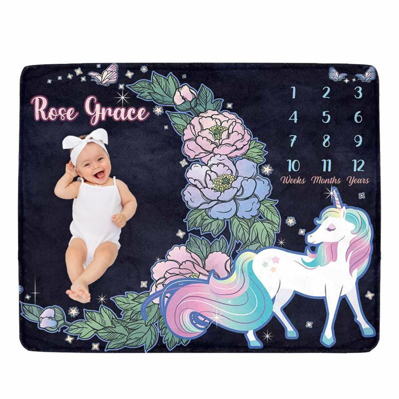Baby Unicorn Nursery - VIKAMA Dark Floral Unicorn Baby Milestone