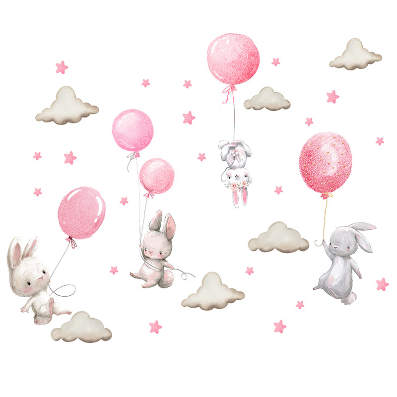 Baby Nursery Girl Room - Watercolor Pink Balloon Bunny Cloud Wall