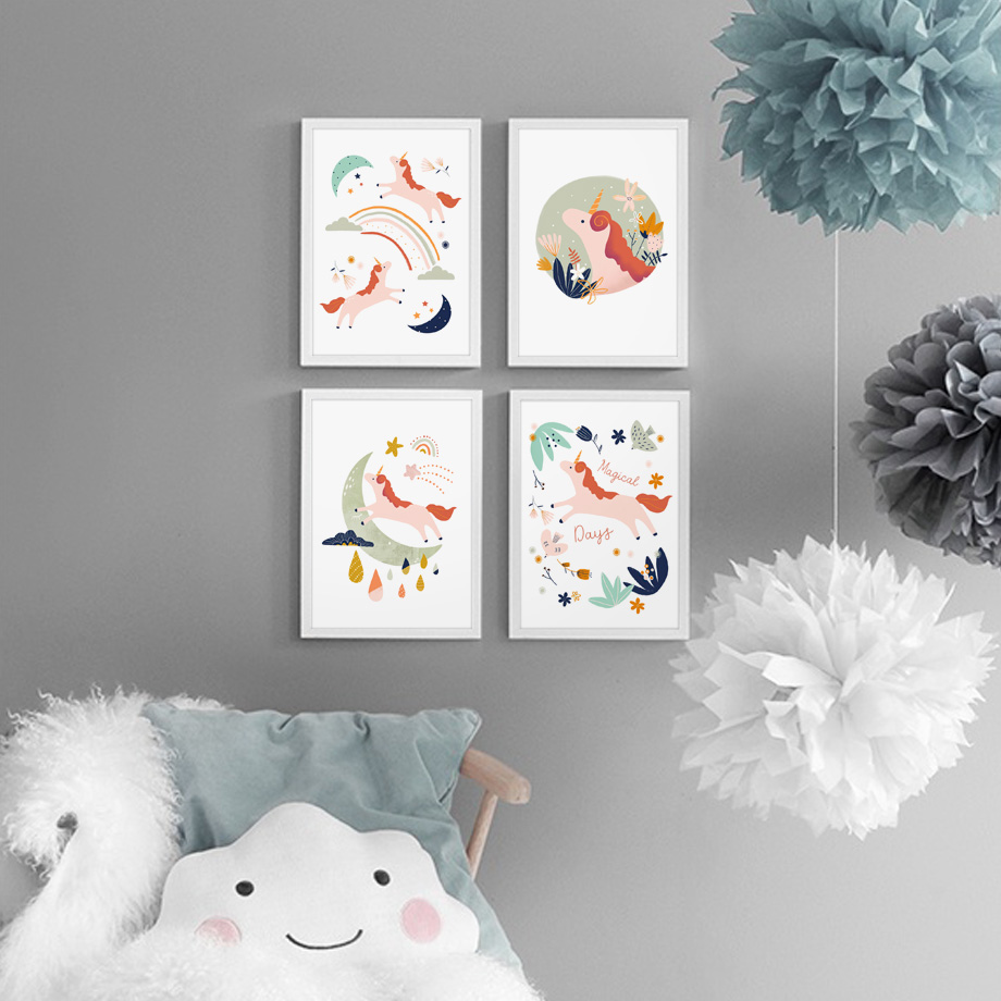 Baby Unicorn Nursery - Girl Bedroom Wall Art Cartoon Unicorn