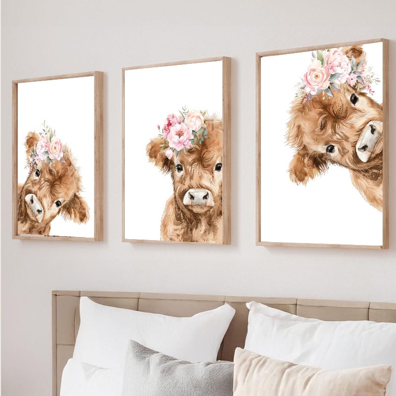 Baby Nursery Decor Girl - (2D canvas painting) Cute Peeking Highland