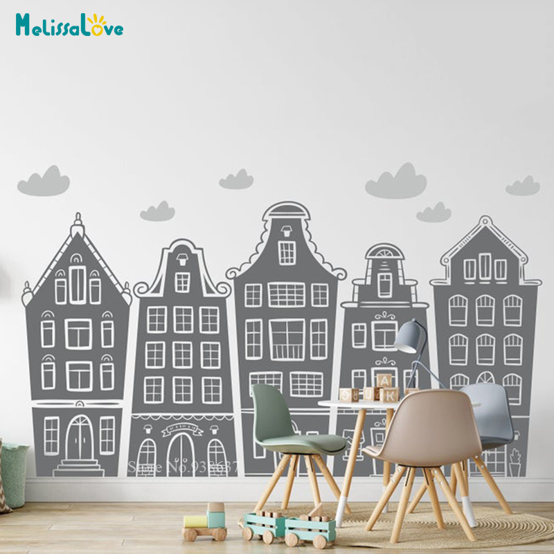Baby Nursery Labels - Scandinavian Houses & Clouds Decal Nursery