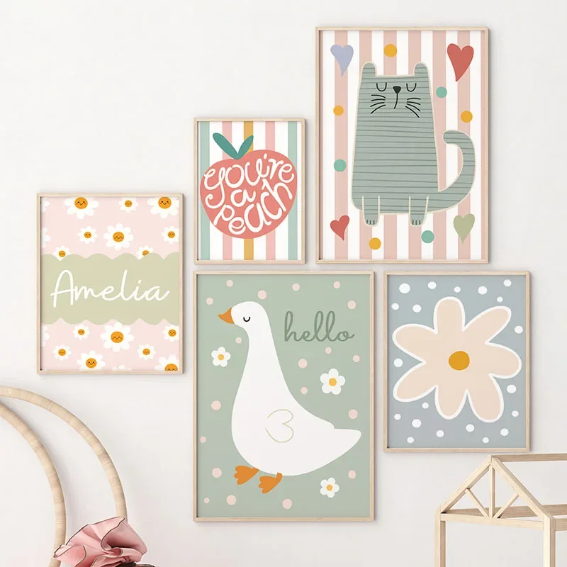 Cartoon Cat Duck Bird Apple Cu – Baby Name Wall Art recenzja i cena