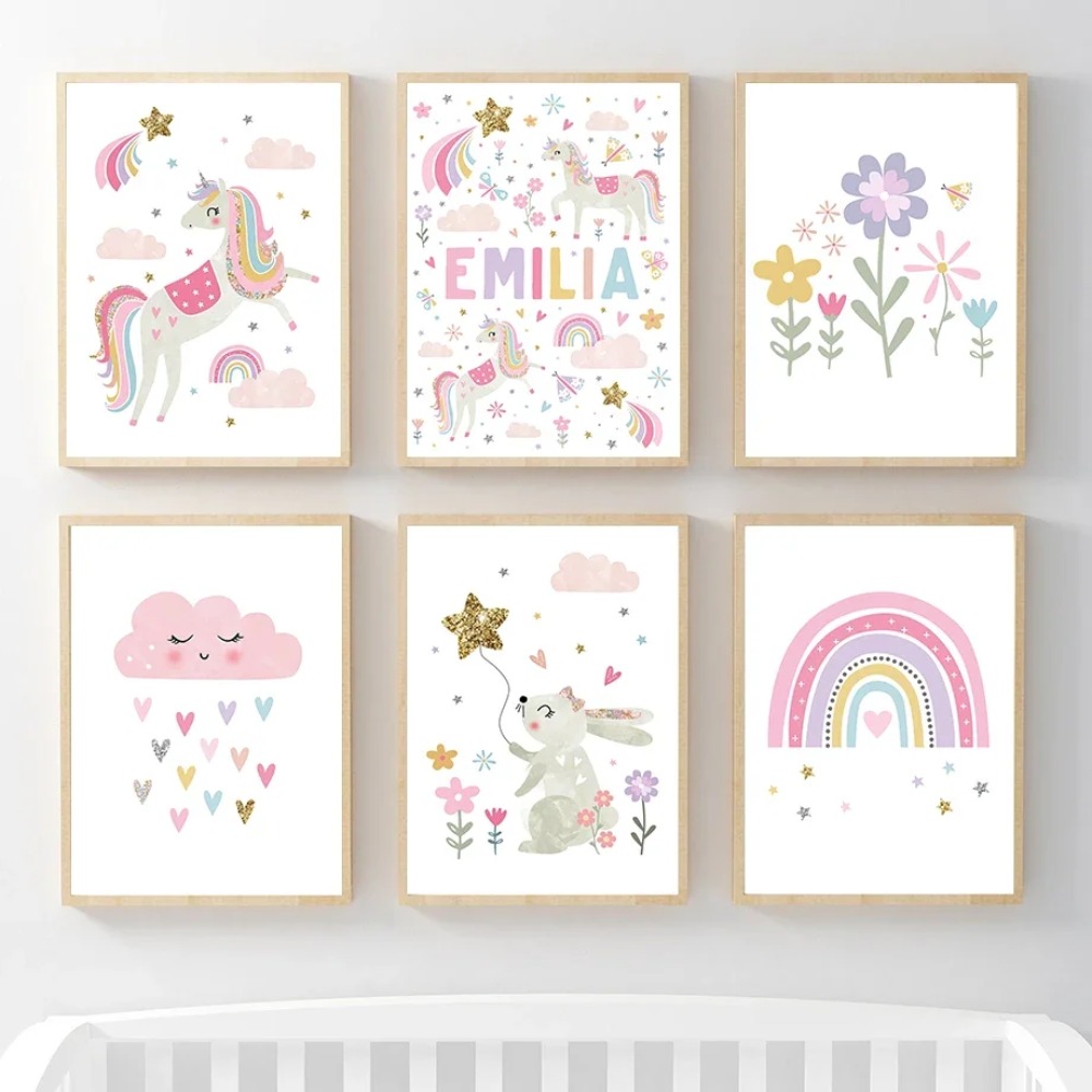 Pink Unicorn Rabbit Rainbow Cl – Baby Name Wall Art recenzja i cena