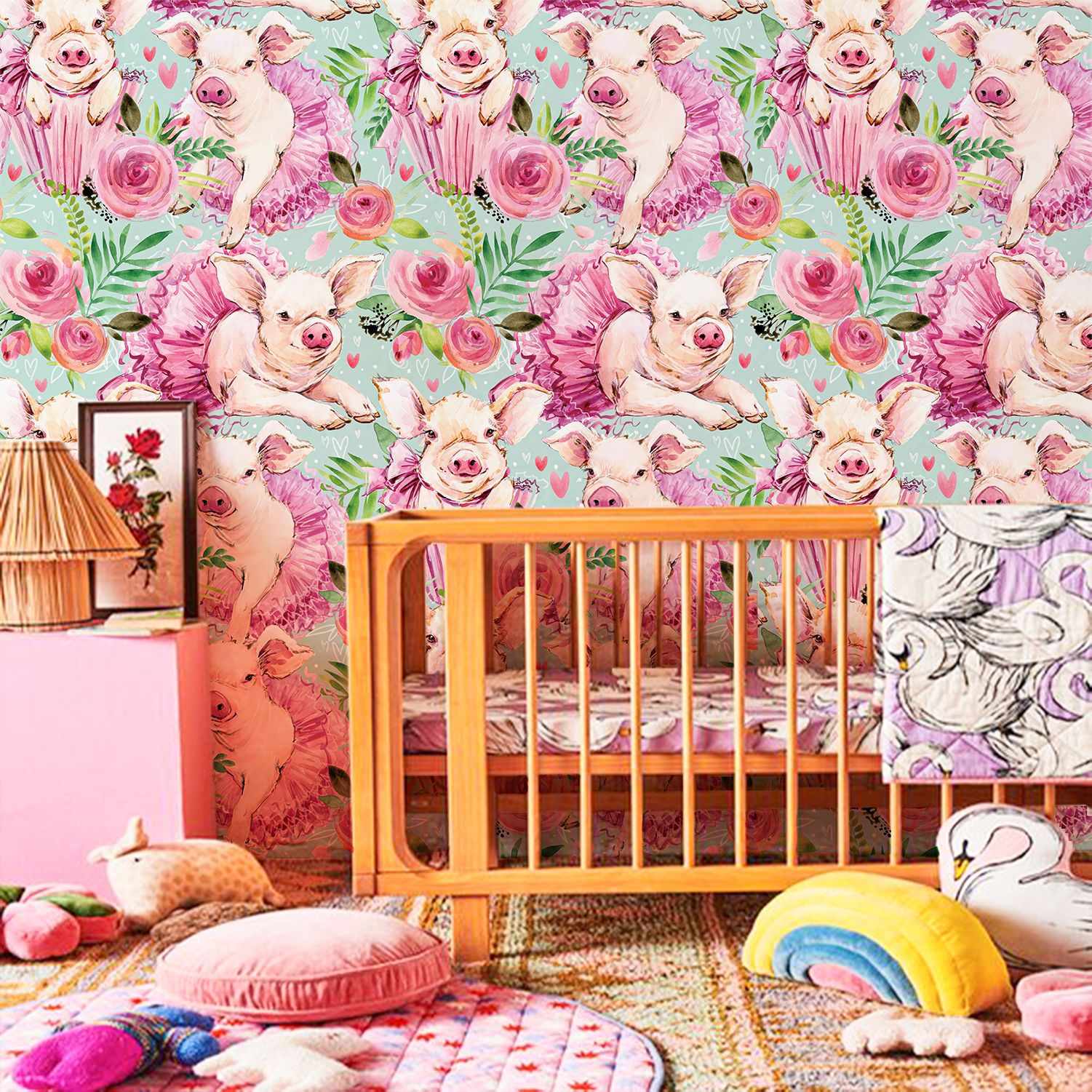 Pink Rose Floral Cute Baby Pig – Baby Nursery Animal Theme recenzja i cena